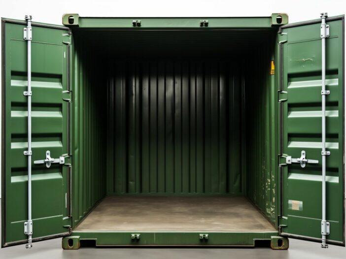 Open green steel storage container with empty interior in Marion Ohio.