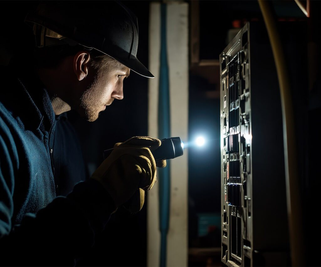 Worker with flashlight inspecting an electrical panel during a power outage.