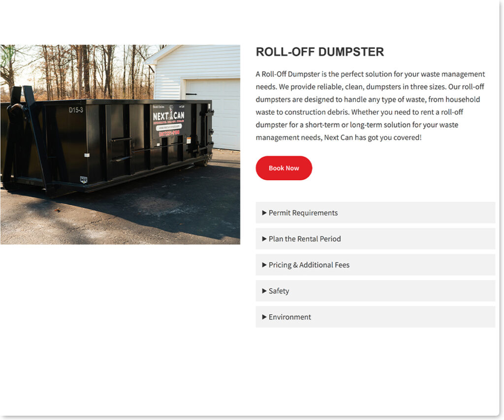 Roll-off Dumpster Cleanup and Cold Storage rental options screenshot