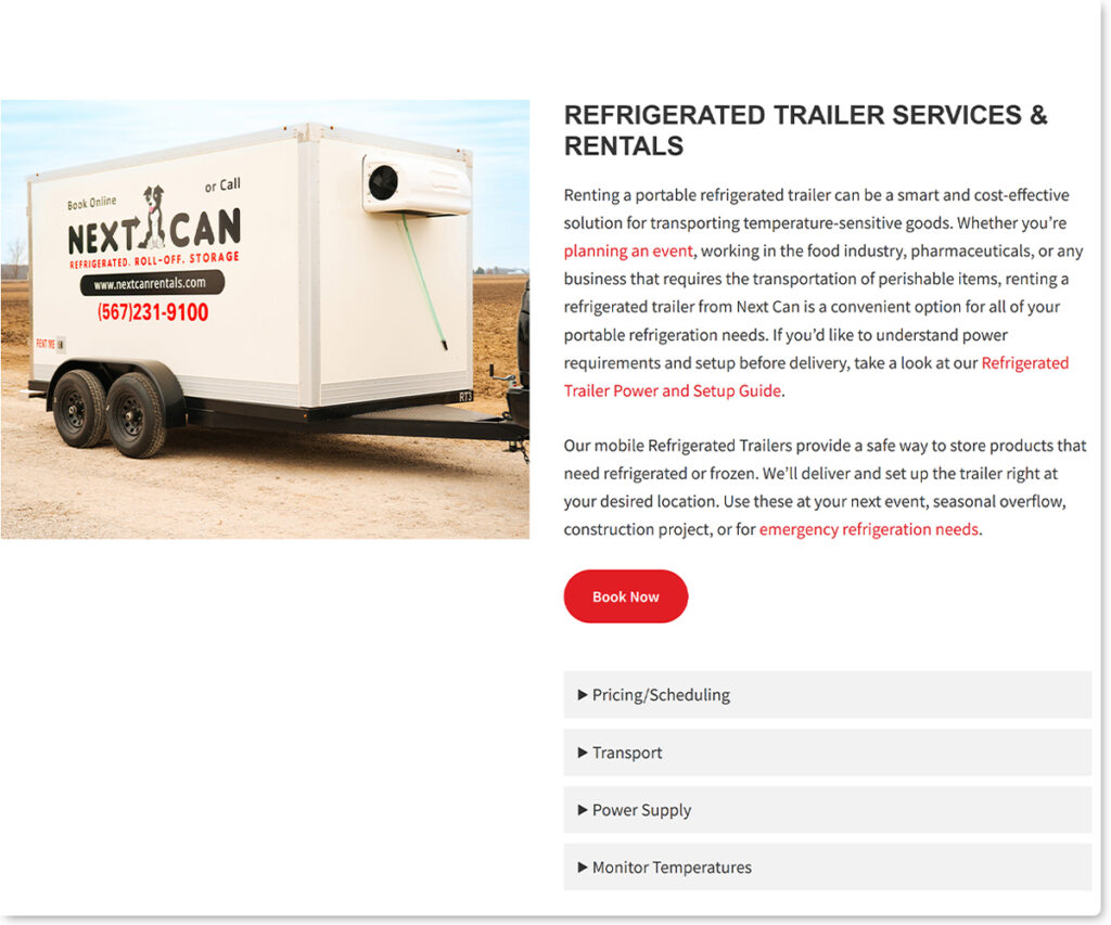Refrigerated trailer rental service screenshot